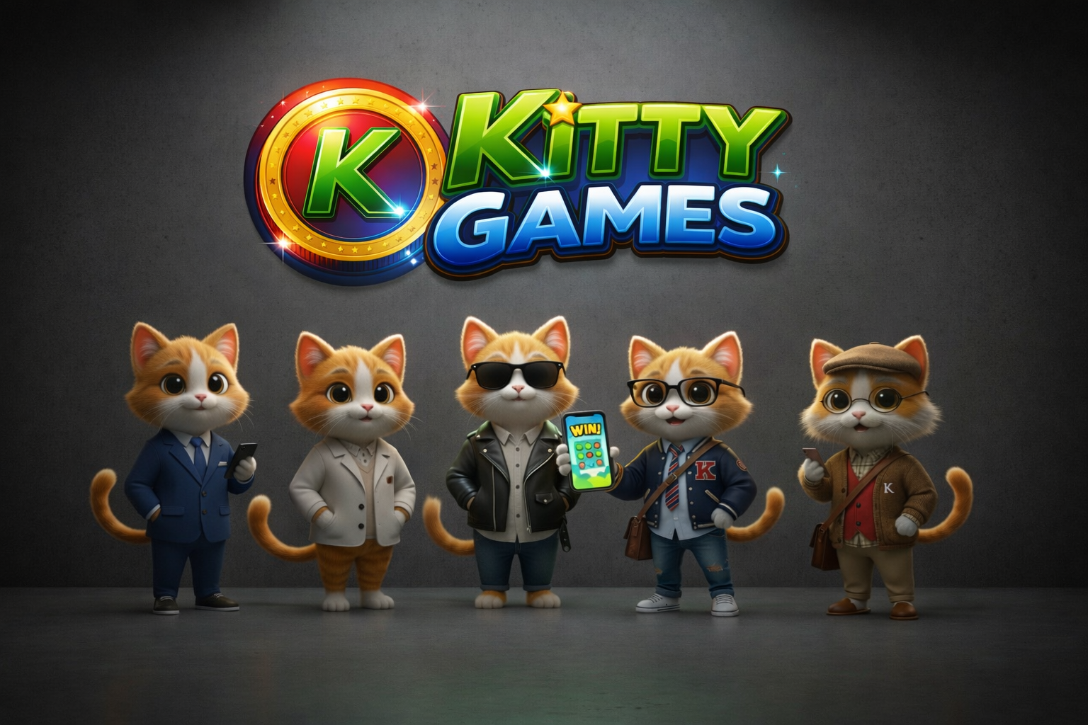 Mascot relaxing on a pile of coins and playing Kitty Games